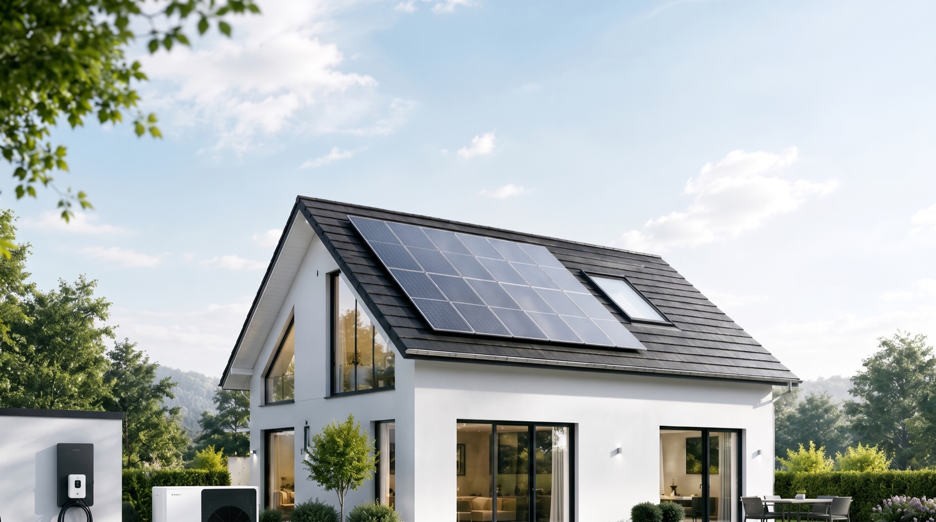 Zufriedene Kunden mit Solarmodul vor ihrem Haus