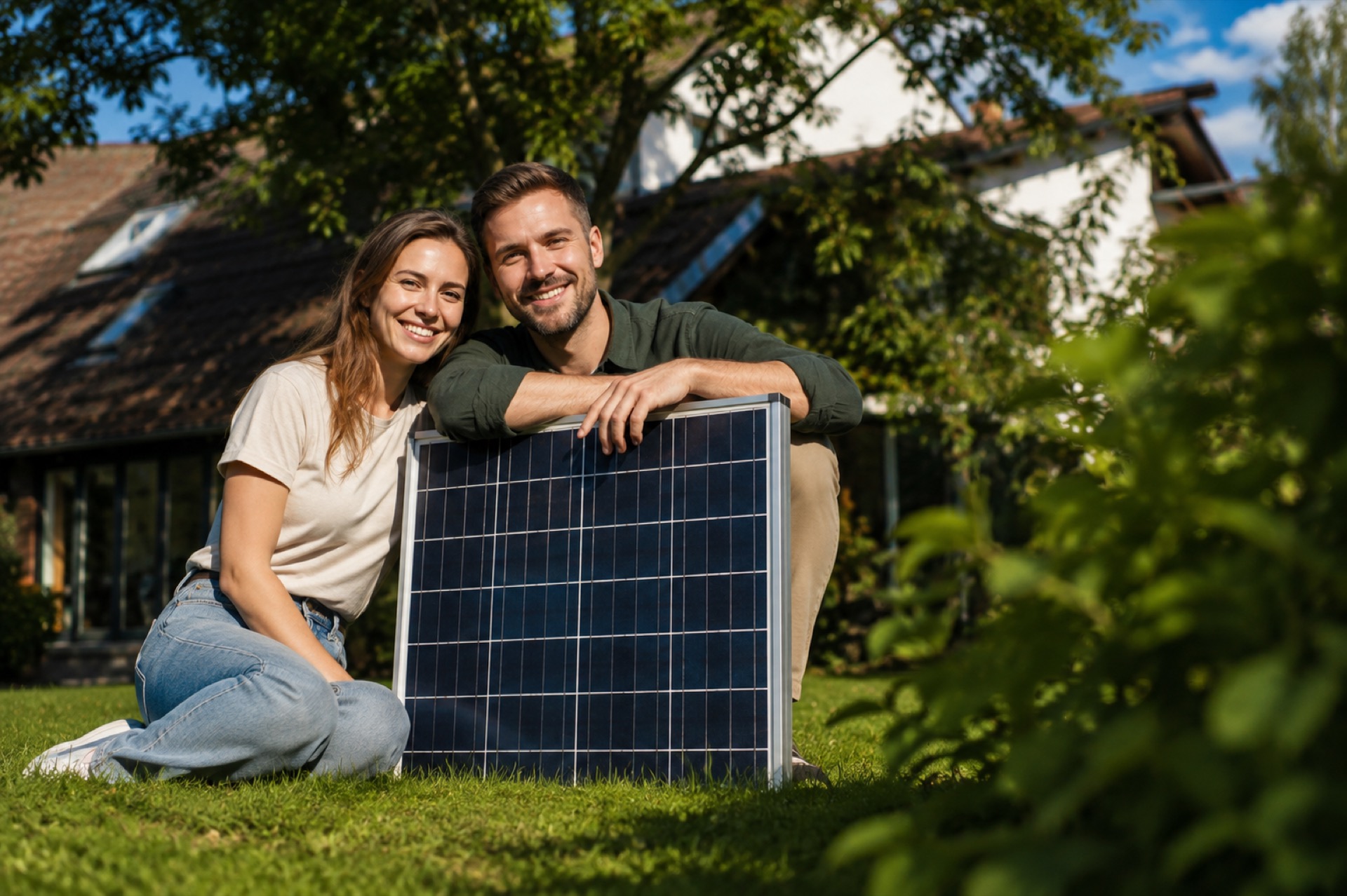 Zufriedene Kunden mit Solarmodul vor ihrem Haus